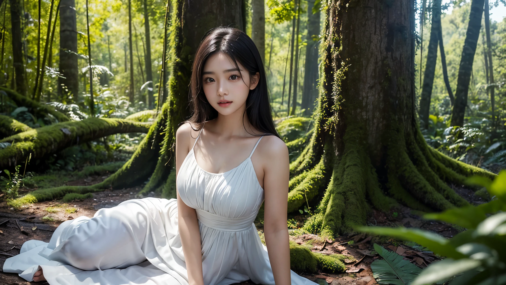 18 years girl, Asian Beauty Girl, A beautiful and cute girl, full body photo, extremely beautiful and delicate, black hair, sweet smile, delicate beautiful fair skin, realistic and realistic, exquisite and complete facial features, detailed facial portrayal, high nose bridge, (Beautiful Dress: 1.2), flowing smooth hair, extremely delicate hair, soft temperament, face light, tall, thin, real, hyper-real, full-body lens, ultimate picture quality, highest precision, accurate and perfect human body structure. Blue sky and white clouds, sitting in the woods, sunlight, ultra HD, Realism, realistic, rain forest, Dangerous forest, Full trees,