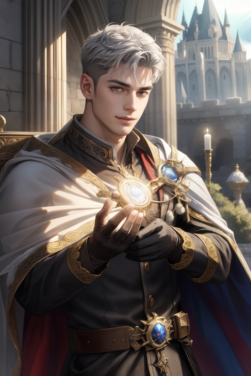 (Absurdres, Intricate Details, Masterpiece, Best Quality, High Resolution, 8k), 1 male, masculine, young, aged up, dreadful, finely detailed eyes and face, gray short back and sides hair, black eyes, portrait, looking at viewer, solo, (full body:0.6), detailed background, (RootsBranchesAI theme:1.1) glowing eyes, gentle smile, high fantasy, cleric, casting healing spell, hovering in air, sunshine, color cape, gloves, magic wand, , mana, bright realistic lighting, marble castle in background, peaceful atmosphere, tiara of light hovering above head, , Depth of Field, VFX.