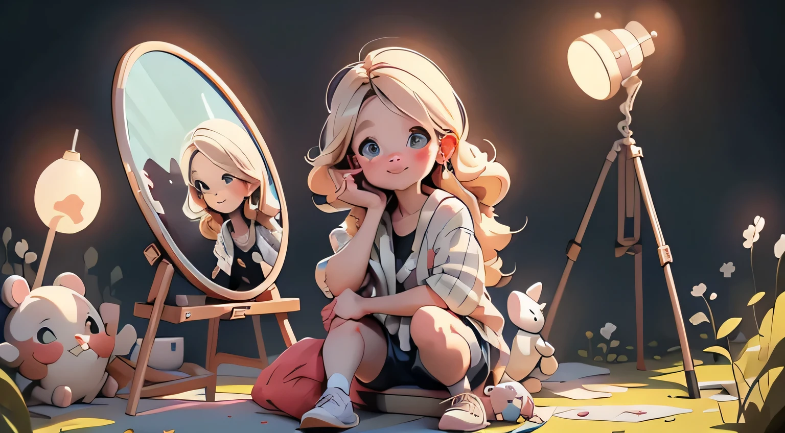 A blogger girl and a young artist, 10 years old, pretty blonde with long hair, very cheerful, ((full-length)), (there is a beautiful natural landscape around), (((smartphone in hand)))Around her are various blogger accessories for shooting, a hoop-shaped flashlight, a microphone, a tripod with a smartphone. next to him is an easel with a canvas on which there is a sketch of a landscape, brushes, paints. Moreno