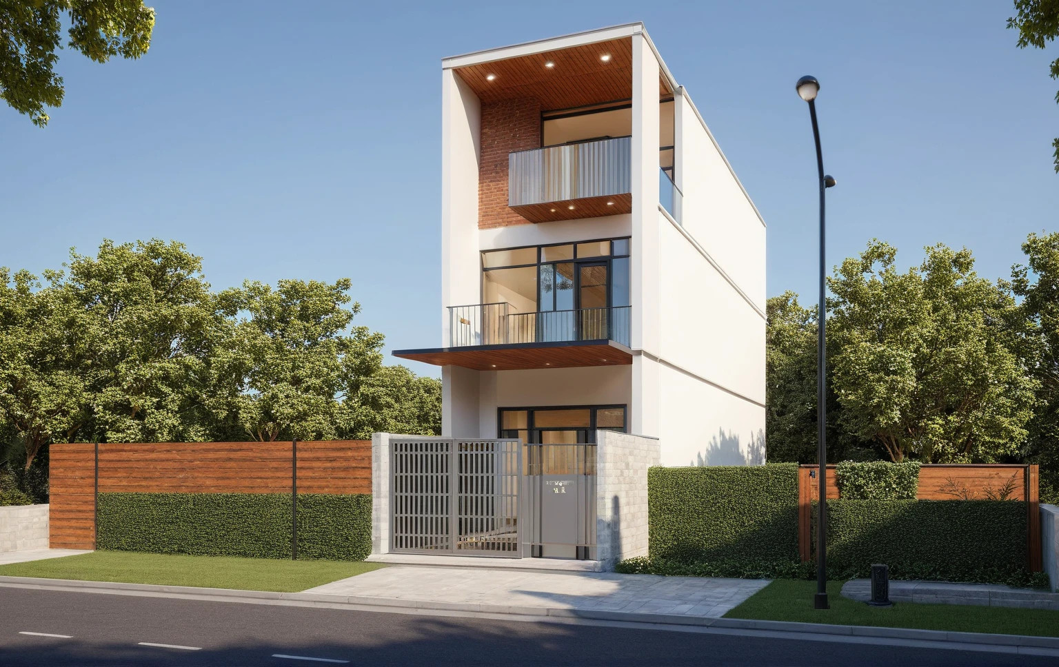 townhouse, (modern style:1.2), exterior design, perspective view, (white wall:1.3), (block sidewalks and asphalt roads), (day sky background), Low trees around the house, (the house next door is lower than the subject designer's house), (day light:1.1), (Neutral lighting is suitable for the townhouse, light color thermometer lighting), (architectural design visualization), (reflection), (focus on object), (material normal bump real reflection), (scattered light), (light ray), (multi-beam light), (sunbeam) (multi-level reflection), (chao vantage software visualization render),(((Best Quality))), ((Masterpiece)), ((best illustration)), ((best shadows)), ((Super Detail)), (Intricate lines), (Photorealism),(hyper detail), ((archdaily)), ((award winning design)), (dynamic light), ((day)), spotlight, (perfect light), (shimering light), ((photorealistic)), ((intricate detail)), ((extreme detail)), ((crazy detail)), ((octane render)), ((trending on artstation)), ((High-fidelity)), ((Viwvid)), ((Crisp)), ((Bright)), ((Stunning)), ((Eye-catching)), ((High-quality)),((Sharp))((Bright)), ((Stunning)), ((natural sun environment)), ((Eye-catching)), ((Illuminating)), ((Flawless)), ((High-quality)),((Sharp edge render)), ((medium soft lighting)), ((photographic render)), ((detailed archviz)), ((reality environment)), (modern townhouse design architectural design facade), (modern townhouse facade roof design), (modern townhouse facade wall design), (modern townhouse facade decoration material design) (townhouse facade door and window design modern), (environmental lighting design), (modern townhouse facade lighting design), (modern townhouse front gate and fence design), (tree decoration design for townhouse facade), (Design lights for gate posts and fences), (townhouse facade railing design), (level of photo realism, depends on lighting, materials, composition, Real-Time Rendering, based on chao vantage timage rendering graphics software)