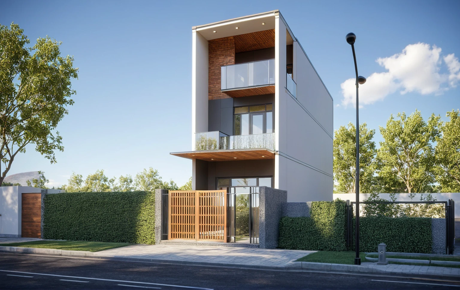 townhouse, (modern style:1.2), exterior design, perspective view, (white wall:1.3), (block sidewalks and asphalt roads), (day sky background), Low trees around the house, (the house next door is lower than the subject designer's house), (day light:1.1), (Neutral lighting is suitable for the townhouse, light color thermometer lighting), (architectural design visualization), (reflection), (focus on object), (material normal bump real reflection), (scattered light), (light ray), (multi-beam light), (sunbeam) (multi-level reflection), (chao vantage software visualization render),(((Best Quality))), ((Masterpiece)), ((best illustration)), ((best shadows)), ((Super Detail)), (Intricate lines), (Photorealism),(hyper detail), ((archdaily)), ((award winning design)), (dynamic light), ((day)), spotlight, (perfect light), (shimering light), ((photorealistic)), ((intricate detail)), ((extreme detail)), ((crazy detail)), ((octane render)), ((trending on artstation)), ((High-fidelity)), ((Viwvid)), ((Crisp)), ((Bright)), ((Stunning)), ((Eye-catching)), ((High-quality)),((Sharp))((Bright)), ((Stunning)), ((natural sun environment)), ((Eye-catching)), ((Illuminating)), ((Flawless)), ((High-quality)),((Sharp edge render)), ((medium soft lighting)), ((photographic render)), ((detailed archviz)), ((reality environment)), (modern townhouse design architectural design facade), (modern townhouse facade roof design), (modern townhouse facade wall design), (modern townhouse facade decoration material design) (townhouse facade door and window design modern), (environmental lighting design), (modern townhouse facade lighting design), (modern townhouse front gate and fence design), (tree decoration design for townhouse facade), (Design lights for gate posts and fences), (townhouse facade railing design), (level of photo realism, depends on lighting, materials, composition, Real-Time Rendering, based on chao vantage timage rendering graphics software)