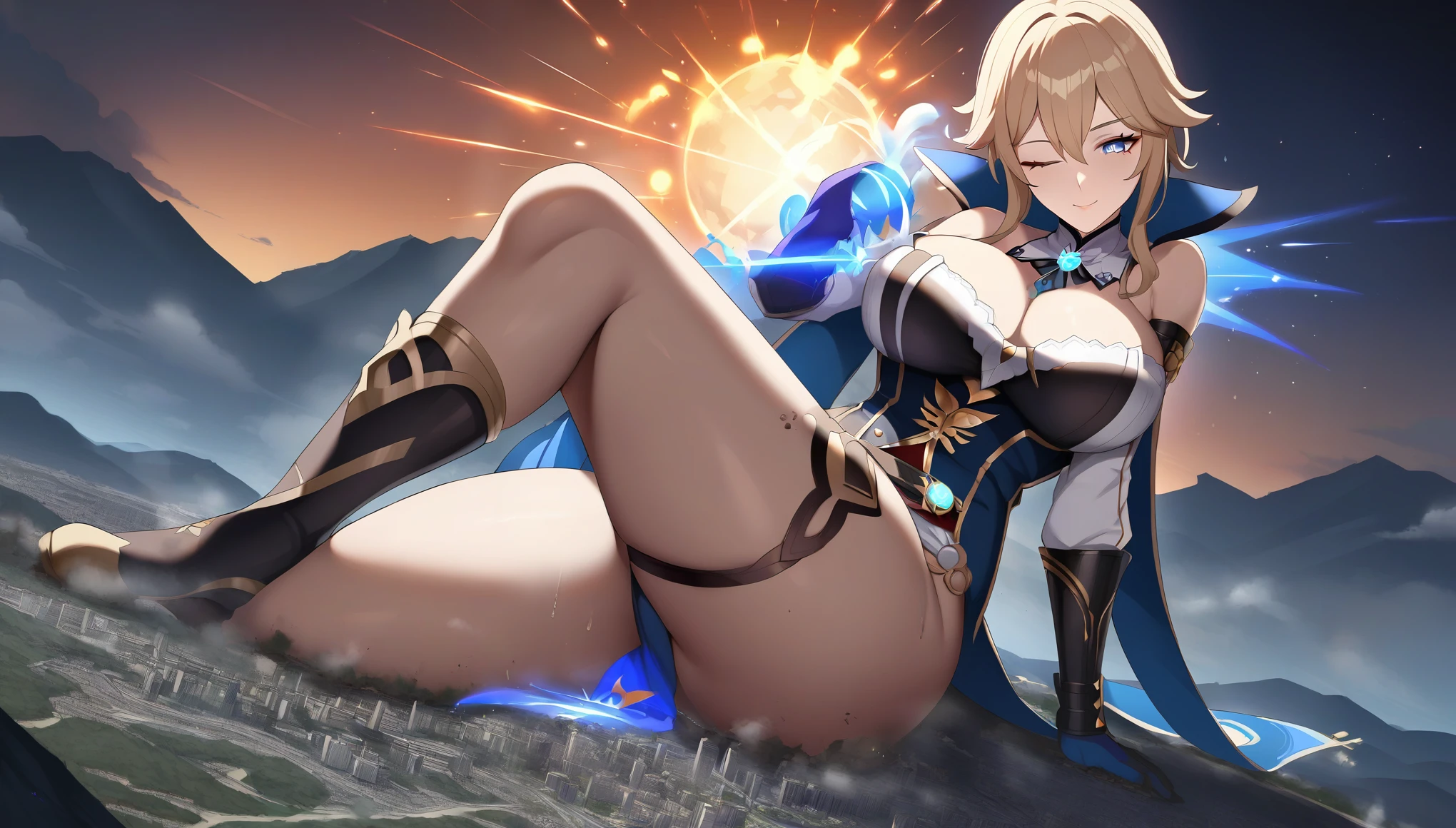 a girl using blue magic,jean genshin impact,(jk huge tits),milf,mature female,curvy body,good detail,one eye closed,giga size,taller then a mountain,looming over a city,destruction,magic,mystical,beautiful,seductive smile,temptation,shining eyes,full body,destroyed cities,sitting down,detailed face,temptation,lust