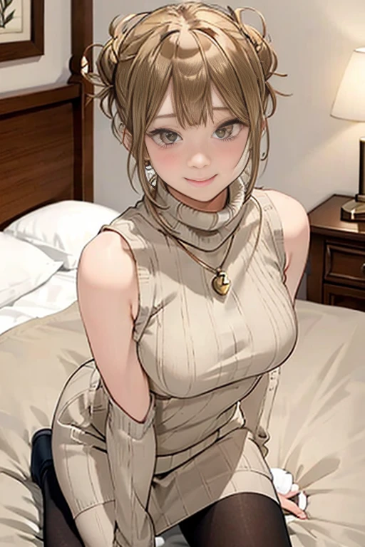 (Light Beige Turtleneck Sleeveless Knit)、pencil skirts、20 year old girl, breasts of medium size,, Tron bulge in the chest、Pinch your chest with your arms、brown haired、Long Wave Hair、hotels room, a necklace、Earring、knee high stockings、 ((Very detailed)), Shy smile、Kamimei、(Perfectly detailed face), (Well detailed hands) Photorealistic images、full body seen、emphasis on the buttocks、lyin in bed
