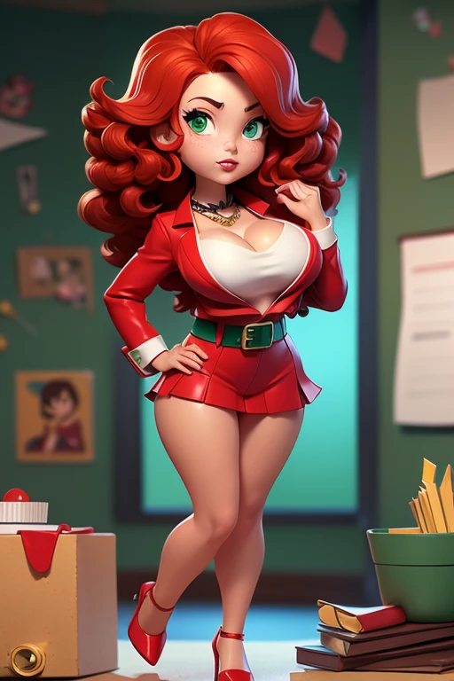 (masterpiece), best quality, expressive eyes, perfect face, (office background), (standing in office), (ms bellum), (1girl, jennifer lopez face, latina, dark skin, tanned skin, red hair, freckles, long curly hair, green eyes, hourglass figure, skinny body, large breasts, huge breasts, oppai, wide hips, thick thighs, long fingernails, red suit jacket, red skirt, red heels, black waist belt, jewelry, red lips),