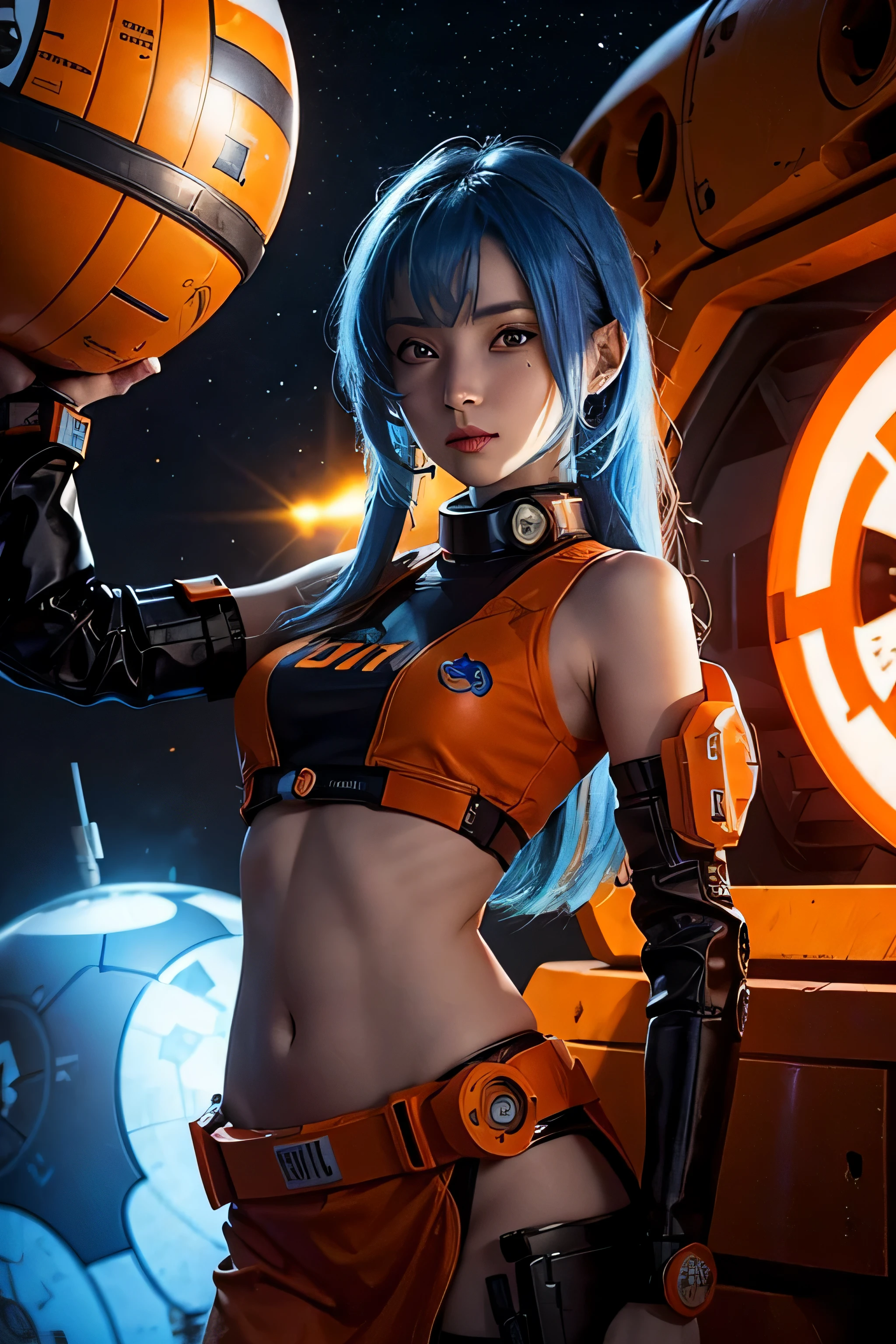 BB8, mirrored with orange detailing in sahara desert, 1 femaly, cyborg, visible skin, blue hair, mech, rubber and metal vessels