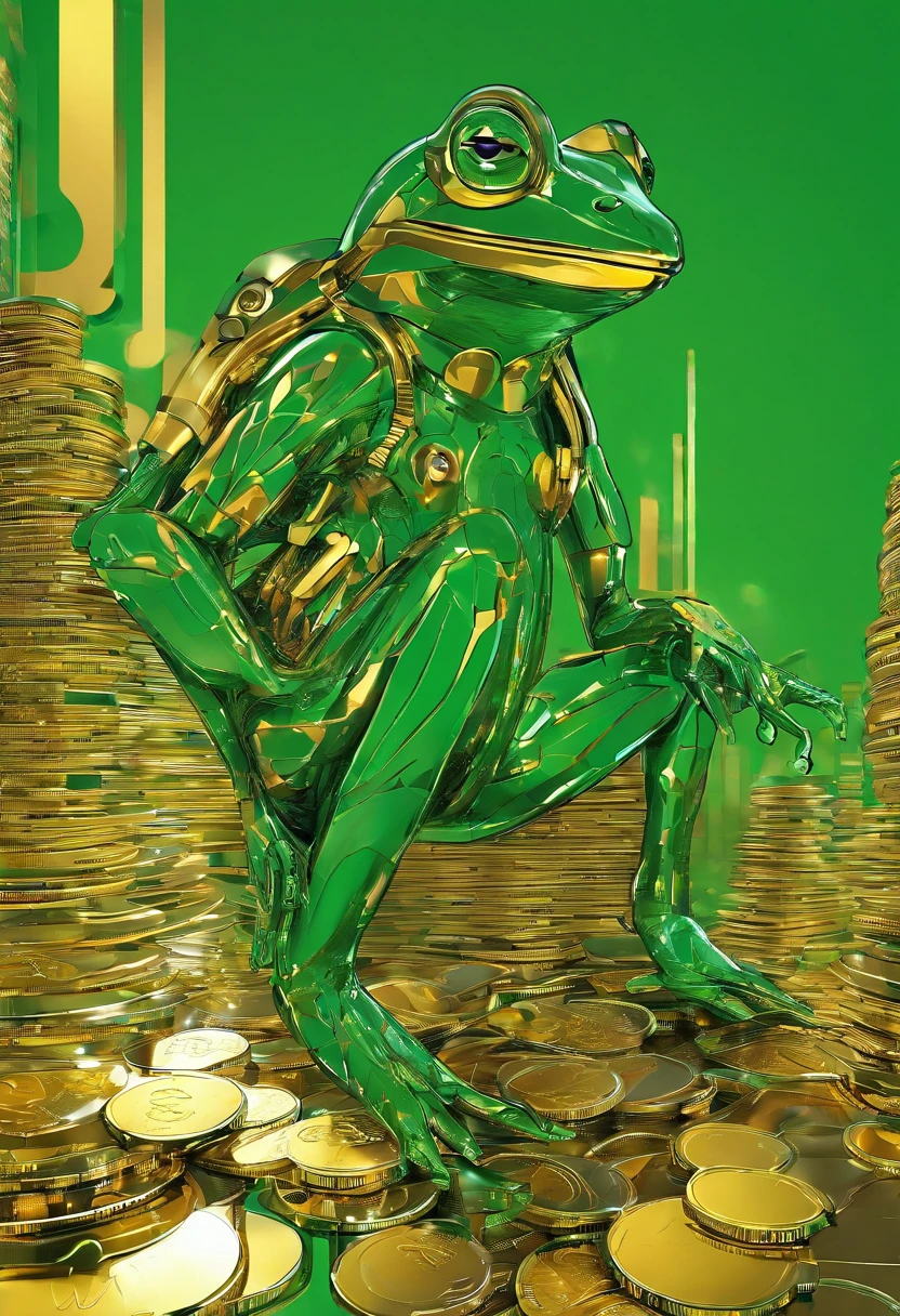 create a NFT of a fusion of a green frog and human. He is happy and looking at a gold coin. There should be technology in the picture and golden coins
