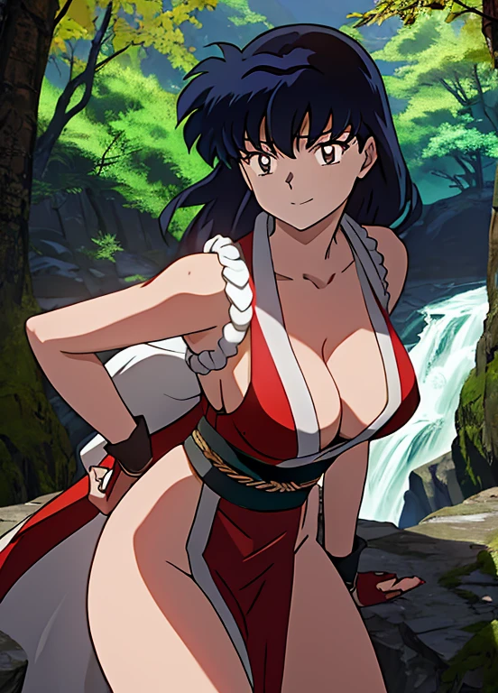 masterpiece, best quality, Kagome Higurashi, 25 years old, large breasts, cleavage, very busty, big hips, She stands tall while wearing a red Kunoichi dress, pelvic curtain, arm guards and gloves. she's looking directly at the camera with an confident smirk. Her gaze is both alluring and fierce, as she holds a red fan with a tight grip. cowboy shot, BREAK Outdoors, the view of the green forest, Japanese architecture in the surroundings. Perfect Anatomy,(Professional Lighting), 4k textures, raw photo, epic artistic, photoreal art, sharp focus, even lighting, insane details, intricate details, hyperdetailed, rich colors
