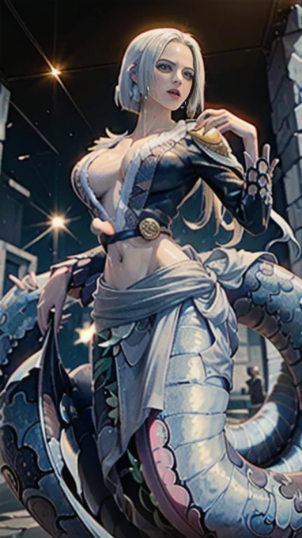 超lifelike的画面,White,High-resolution images,Science Fiction,dynamic poses,complex,Futurism,peculiar,grace,Cyberpunk characters,Beautiful woman in silver armor,(Siamese latex set),chest,(Sagging breasts、Cleavage, cleveage、big), Perfect body, )Tactical equipment,Science Fiction灯,Real People,White hair,Delicate face,Smooth and delicate skin,(Mid-chest),Lisee mechanical prosthesis mechanical snake maid:1.2), (Long snake tail:1.3),metallic feel,Gorgeous lighting,clear picture,Meticulous details,lifelike,8K Ultra HD,original photo,panoramic