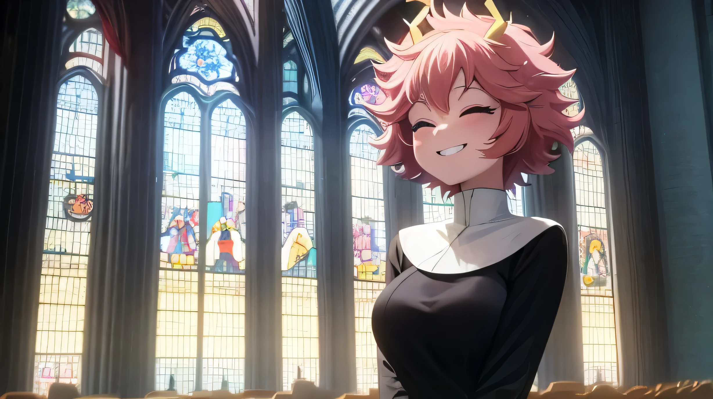 masterpiece, perfect art, 1 girl, Mina Ashido, my hero academia, pink hair, pink skin, shiny skin, short hair, eyes closed, smiling, head down, hands crossed in prayer, black, nuns outfit, standing in isle, cathedral, pews, high walls, stain glass inside a church, mystic, divinity, god rays shining down on her, absurdres