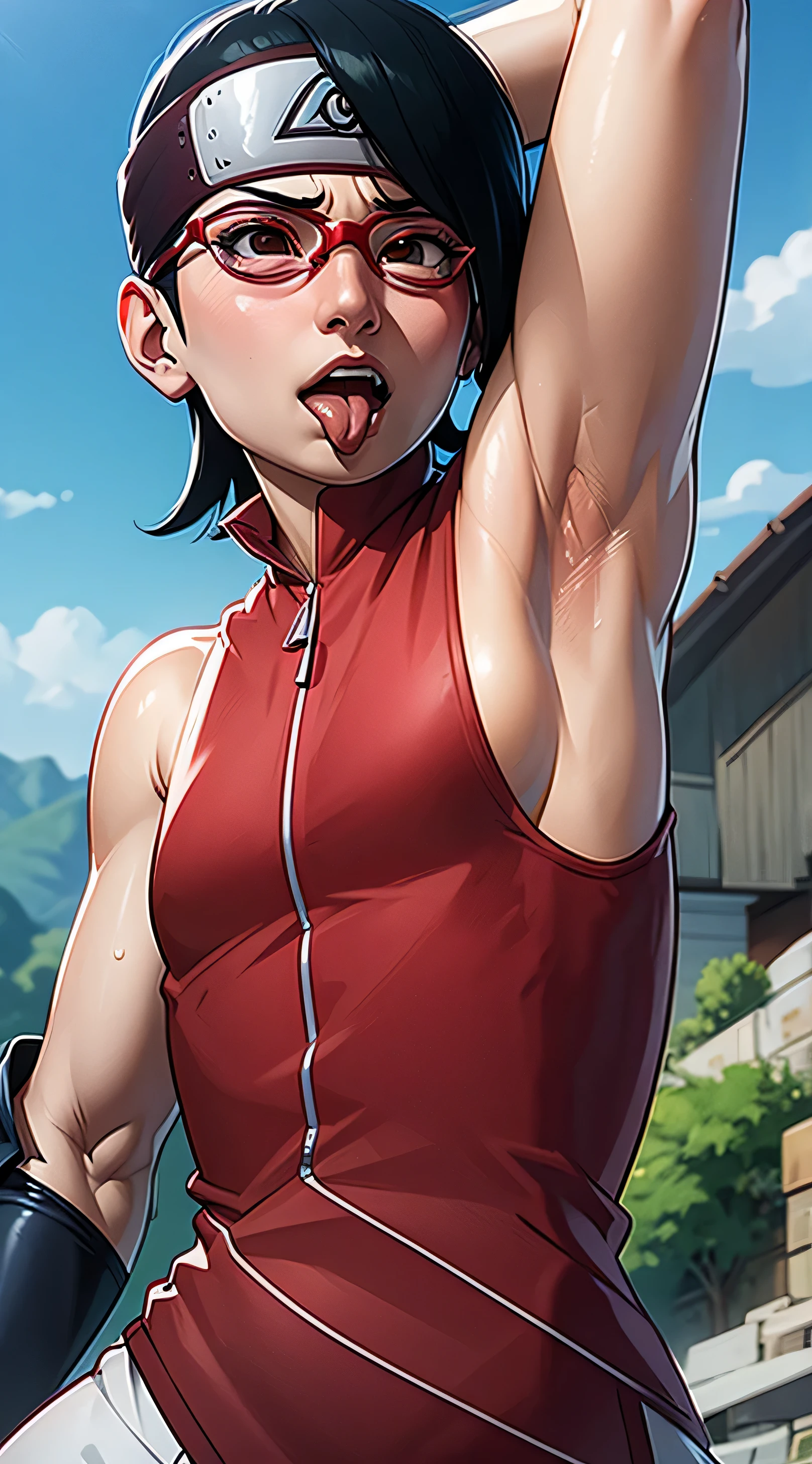 Sarada Uchiha,armpits,armpit,sweaty,sweat,exhausted,tired,both arms raised,ultra HD,village background,awesome armpits,arms up,red rimmed glasses,cross eyed,white eyes,tongue protruded,tongue out,showing tongue,eyes rolling up