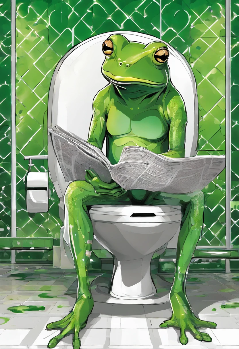 create a NFT of a fusion of a green frog and human. He is sitting on a toilet and reading the newspaper
