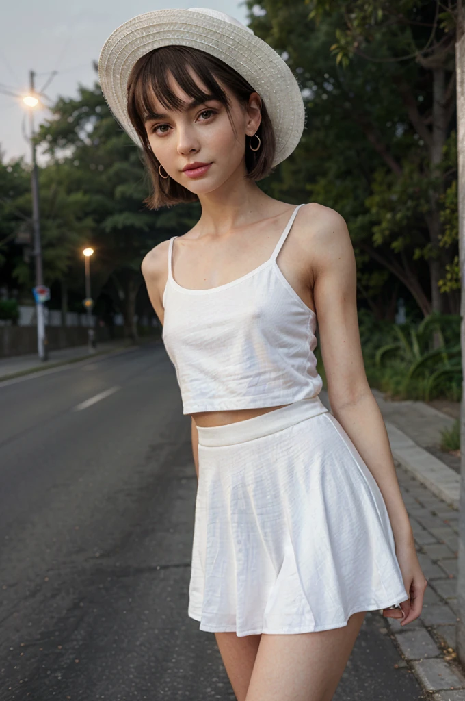 A cute girl, perfect face, beautifull girl,14 years oldy body, slim body, white skin, masterpiece, textured skin, super detail, high details, high quality, 8k, nice pose, road night background, side lighting to face, dress, wearing a white hat, wearing a sun glasses, cute lips, small and cutest lips, at night, wearing a white shoes, bangs hair style, open top , small skirt, wearing a ears rings, little smile, night time.