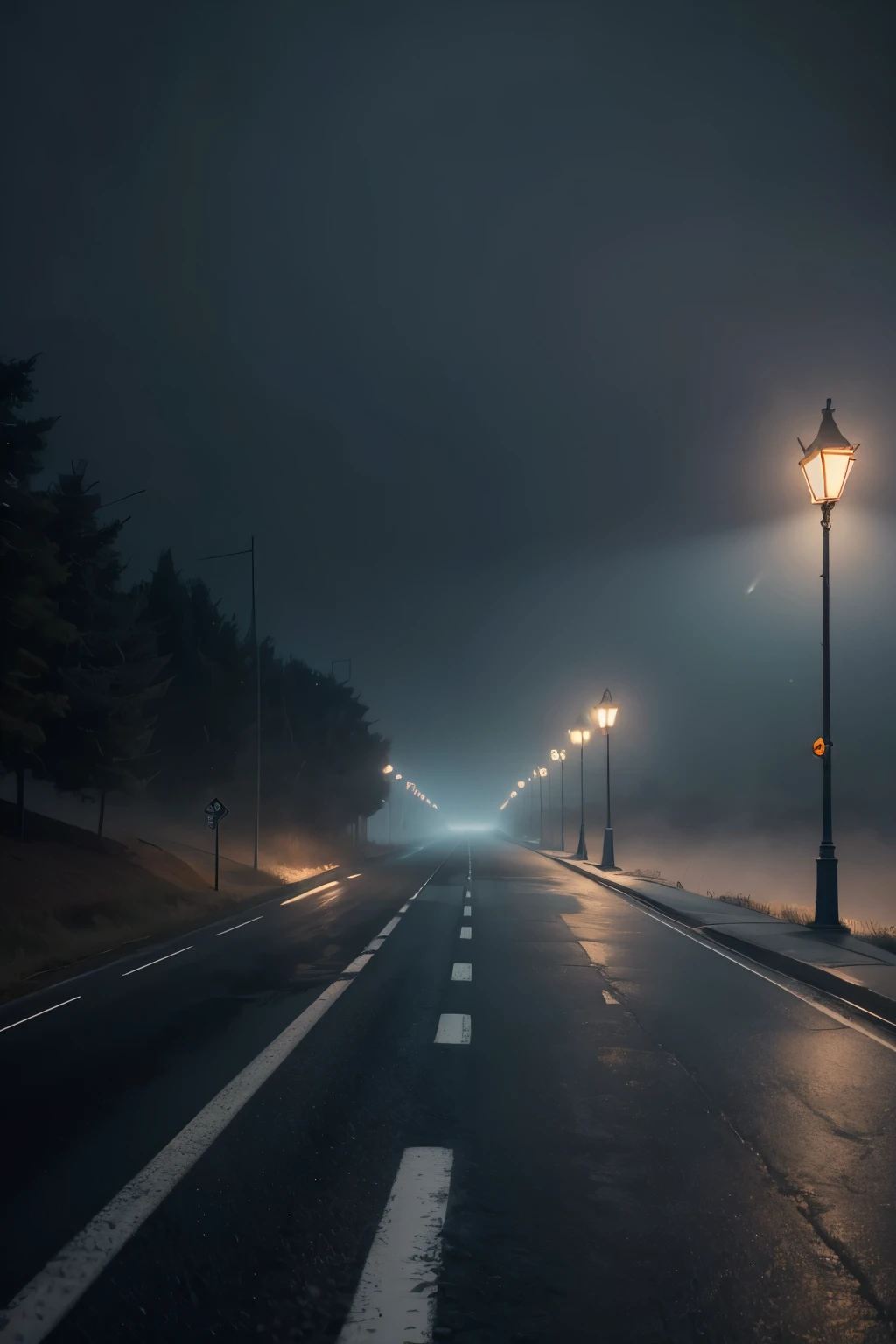 RAW, Best quality, high resolution, Masterpiece: 1.3), An ominous road shrouded in fog (iu:0.8),
Masterpiece, Ominous atmosphere, Dense fog, Realistic, 1road, mysterious, foggy night, eerie, detailed shadows, soft glow of streetlights, fog particlesventions, rain-soaked asphalt, slick surfaces, puddles reflecting dim light, 3D Octane rendering, ray tracing, super detailing viewer, closeup.
Masterpiece: 1.3, An ominous road lost in the fog (iu:0.8),
Beautiful, haunting scene,