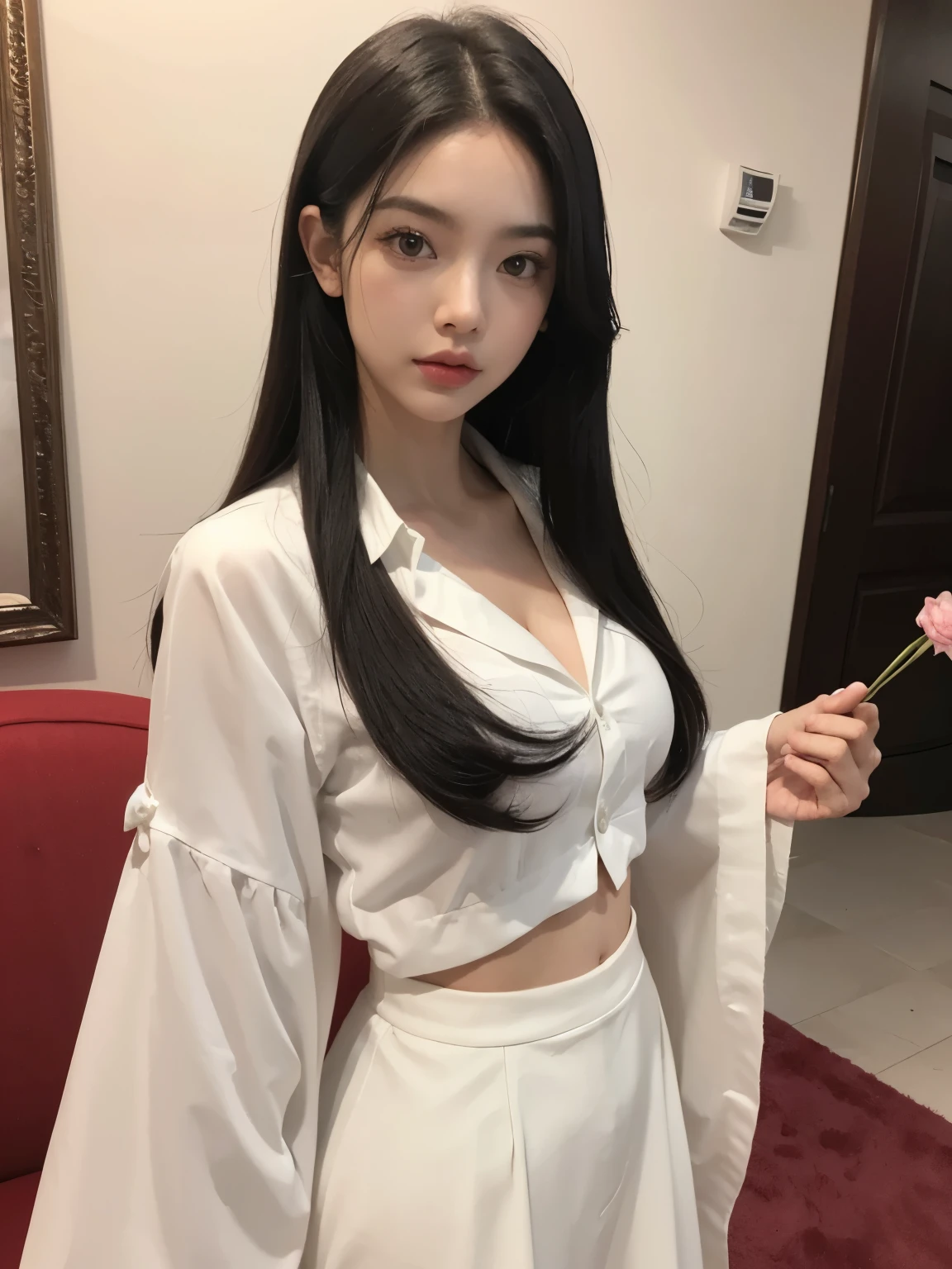 Kim jennie con el cabello negro oscuro, con rulos en las puntas del cabello negro oscuro, con un ganchito de estrella en el cabello negro oscuro, ojos de color claro, ojos bonitos, ojos llorosos, nariz bonita y respingada, labios bonitos, labios rosas, heart and cupid shaped lip, piel bonita, pale, piel blanca, con lunares y pecas en todo el rostro, rubor rosa suave en las mejilla, rubor rosa natural, maquillaje suave y rosa, jennie, cuellos bonito, cuello marcado, frown, mirada enojada, con un collar de beso, un collar bonito de beso, mientras tiene un traje de Yumeko Jabami, cospaly de Yumeko Jabami, mientras tiene una camisa blanca, con tiene un traje de color rojo encima de su camisa blanca, apretado a su cuerpo, con una falta negra corta mientras tiene el abdomen desnudo, delgado, marcado y bonito, (pechos grandes, pechos suaves, pechos bonitos, pechos naturales), mientras esta haciendo cospaly del personaje Yumeko Jabami, del anime Kakegurui, mirando a la camara, autofoto, selfie bonita