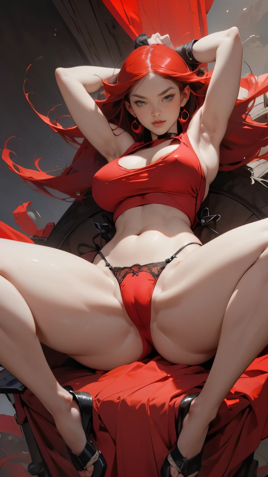 Very long red hair, accentuated super huge enormously gigantic tits with cleavage showing, crop tank top and micro thong lace panties, sitting spreading her legs open, sexy seductive slutty pose, armpits, hot wet armpits, chubby fat armpits, luxurious bedroom background 