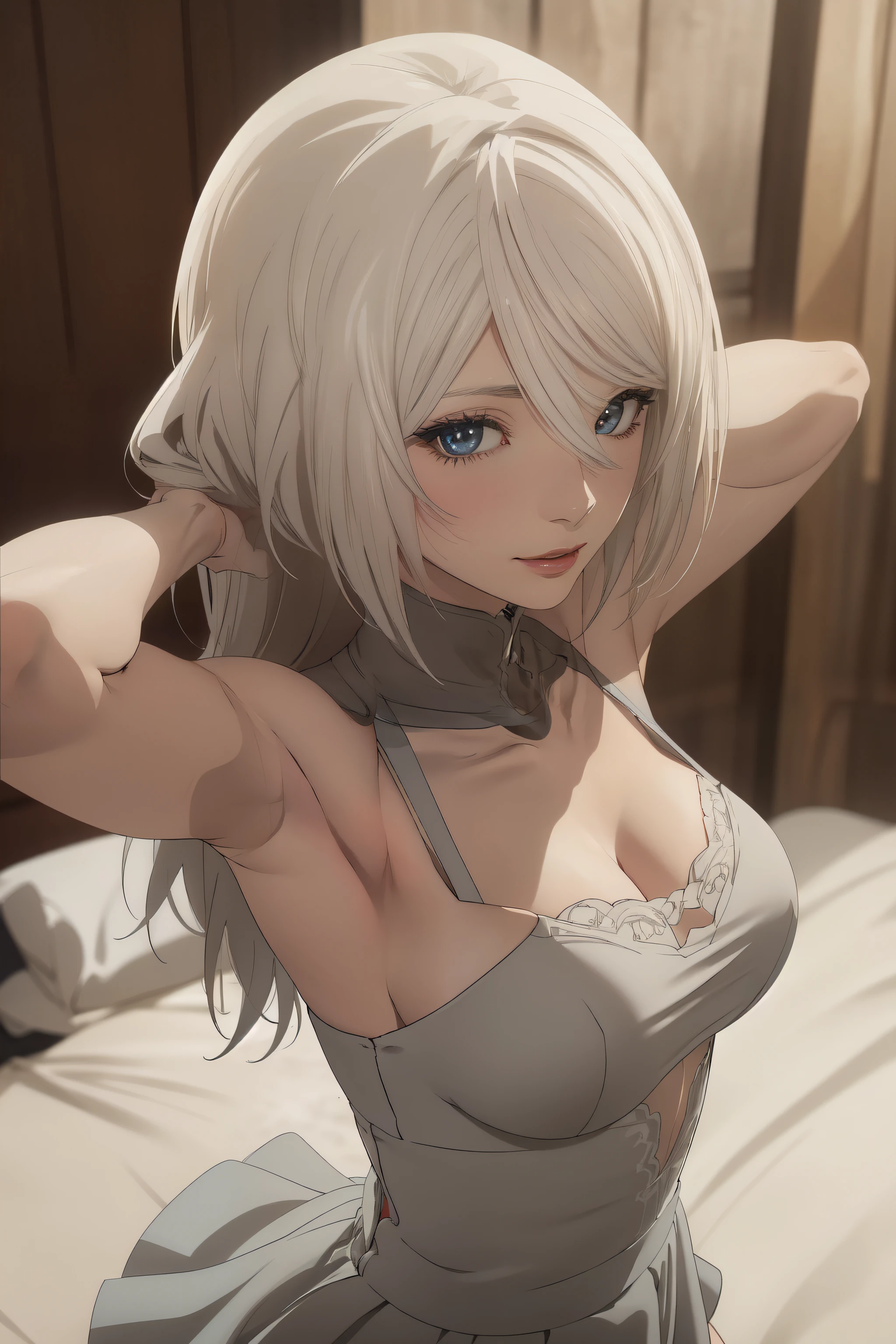 ((masterpiece, Best Quality, high resolution, Perfect Pixel, 8K))), 1 girl、medium thighs、full body seen、 ((white gorgeous hairs))、((Beautiful eyelashes、Realistic eyes))、 ((Detailed face, Blushing:1.2))、((Smooth texture:0.75, Realistic texture:0.65, Photorealistic:1.1, Anime CG style))、Seen from front、Dynamic Angle、(Wearing white loose top、gorgeous top、perfect white skirt、white salong skirt、beautiful dress、Showing armpits、beautiful detailed armpitini dress、lie flat on your back of the bed)、Perfect realistic representation of face、seducing look at viewer、big breasts、beautiful portrait、very High quality、ultra high definition、 insanely detailed face、ultra high quality、ultra high clarity、best quality)、insanely detailed dress、realistic representation of a face、beautiful curvious body、white skin、best image quality、best clarity、 highest resolution、8k resolution、ultra high resolution、beautiful smile、beautiful eyelashes、Gorgeous face、gorgeous representation of a face、perfect body、erotic face、dynamic lightning、shiny skin、bokeh:1.2、Full body shot、professional photograph