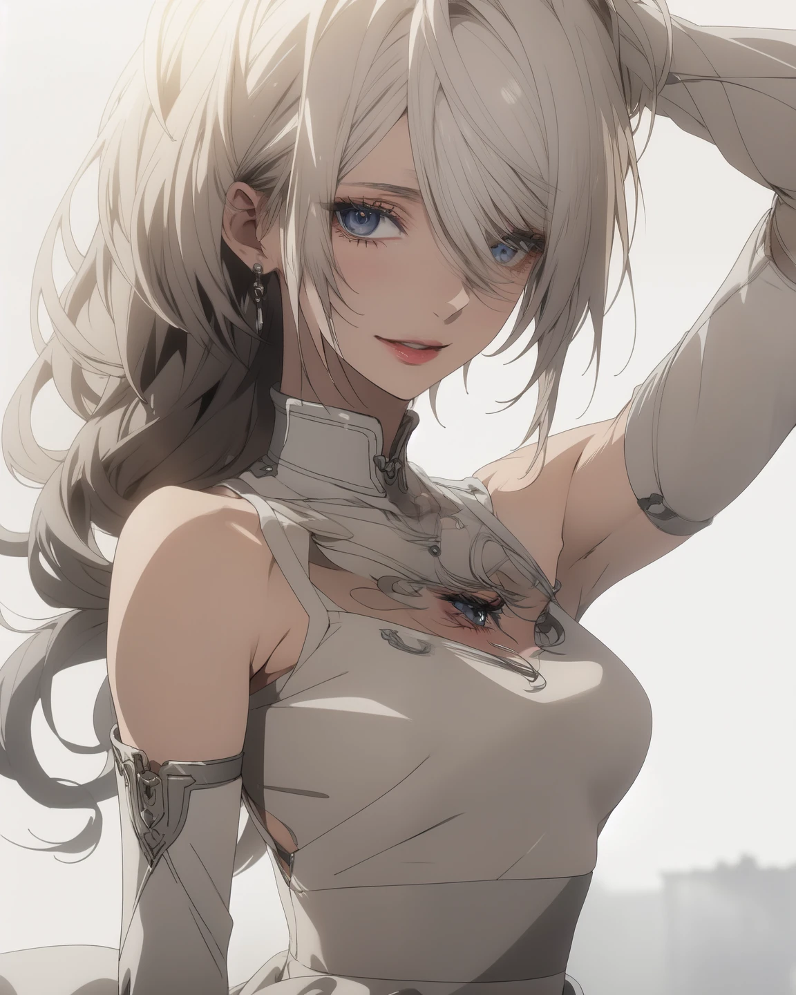 ((masterpiece, Best Quality, high resolution, Perfect Pixel, 8K))), 1 girl、medium thighs、full body seen、 ((white gorgeous hairs))、((Beautiful eyelashes、Realistic eyes))、 ((Detailed face, Blushing:1.2))、((Smooth texture:0.75, Realistic texture:0.65, Photorealistic:1.1, Anime CG style))、Seen from front、Dynamic Angle、(Wearing white loose top、gorgeous top、perfect white skirt、white salong skirt、beautiful dress、Showing armpits、beautiful detailed armpitini dress)、Perfect realistic representation of face、seducing look at viewer、big breasts、beautiful portrait、very High quality、ultra high definition、 insanely detailed face、ultra high quality、ultra high clarity、best quality)、insanely detailed dress、realistic representation of a face、beautiful curvious body、Beautiful feet、white skin、best image quality、best clarity、 highest resolution、8k resolution、ultra high resolution、beautiful smile、beautiful eyelashes、Gorgeous face、gorgeous representation of a face、perfect body、erotic face、dynamic lightning、shiny skin、bokeh:1.2、Full body shot、professional photograph