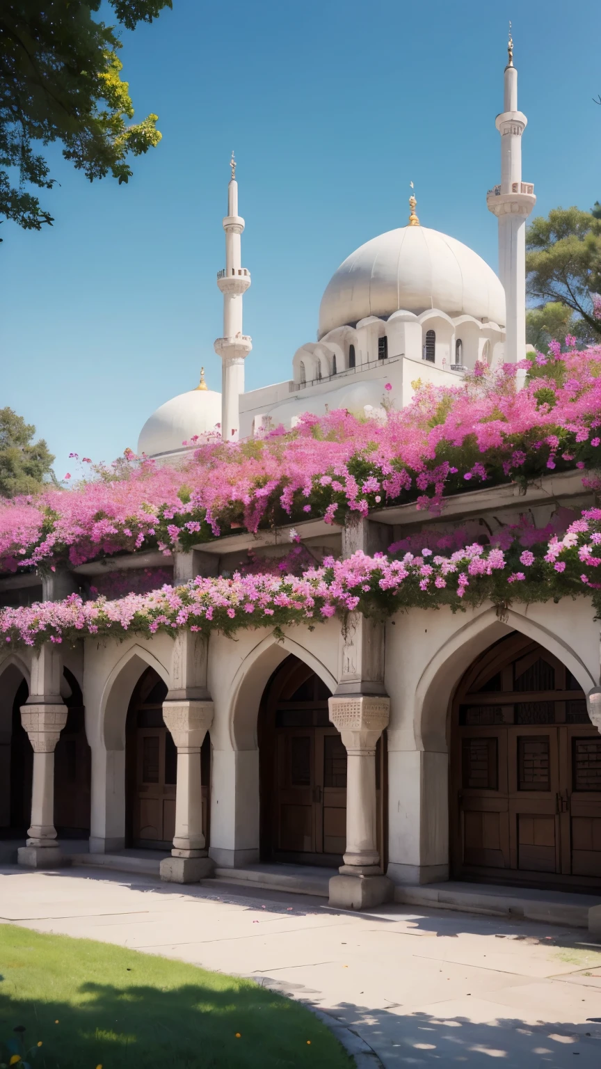 Mosque, mosque exterior details, beautiful, big, trees, flowers, colourful 