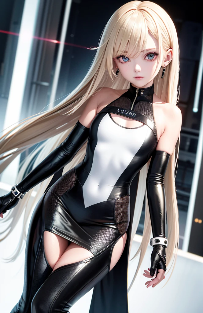 optimum，tmasterpiece，A high resolution，best qualtiy，hyper HD，super detailing，Award-Awarded，16k，solo，（The upper part of the body），anatomy correct，Beautiful cyberpunk girl，cute  face，，Gradient Beige Hair，Hairline，（（Scarlet eyes）），long eyelasher，Hanging eye corners，White skin of the，（small boobs），（Slim body），（（Women's super short shawl leather jacket）），（（racing_suit）），（（High-Low_long  skirt）），ear studs，（Neck strap），（Laser material clothing：1.2）