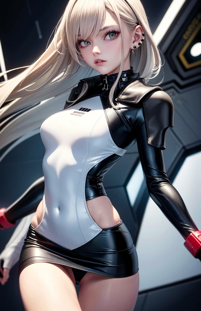 optimum,tmasterpiece,A high resolution,best qualtiy,hyper HD,super detailing,Award-Awarded,16k,solo,(The upper part of the body),anatomy correct,Beautiful cyberpunk girl,cute face,,Gradient Beige Hair,Hairline,((Scarlet eyes)),long eyelasher,Hanging eye corners,White skin of the,(small boobs),(Slim body),((Women's super short shawl leather jacket)),((racing_suit)),((High-Low_long skirt)),ear studs,(Neck strap),(Laser material clothing:1.2)