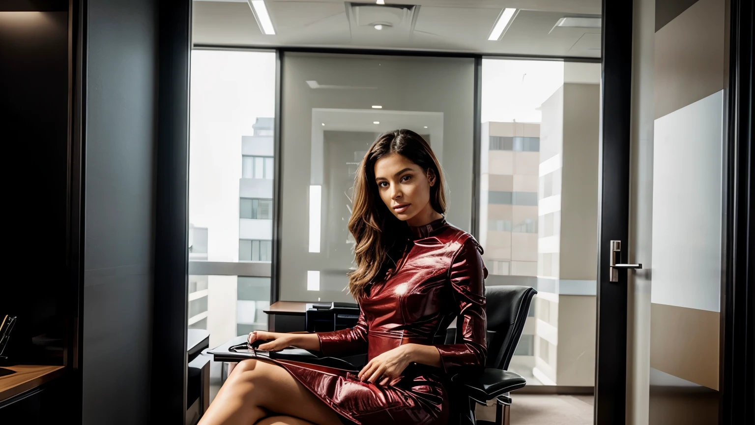 Eva sitting in a luxury office in sleek dress