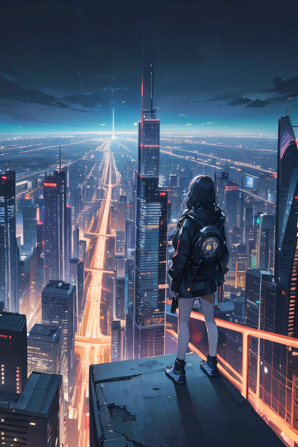 ciudades futuristas、chica adolescente、un lugar fresco, noche, ciudad llena de edificios cyberpunk
