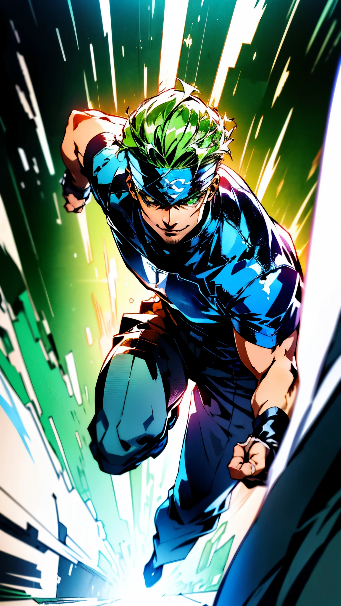 A man with messy grass-green short hair, a white headband tied around his forehead to cover his eyebrows, sharp-eyed with profound eye makeup, distinct facial features, grinning with bared teeth, tall and slender yet sturdy figure, a fantasy-realism style light blue coat, with a dark tight-fitting undershirt underneath, fingerless gloves, coarse cloth trousers, as he races forward, his hair and coat tails flutter in the wind, ((green energy, green aura, a high-speed scene, super_speed, running, motion blur)), this character embodies a finely crafted fantasy-realism style rogue in anime style, exquisite and mature manga art style, high definition, best quality, highres, ultra-detailed, ultra-fine painting, extremely delicate, professional, perfect body proportions, golden ratio, anatomically correct, symmetrical face, extremely detailed eyes and face, high quality eyes, creativity, RAW photo, UHD, 32k, Natural light, cinematic lighting, masterpiece-anatomy-perfect, masterpiece:1.5