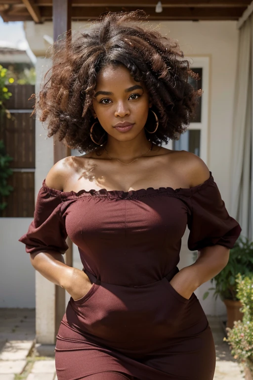 real black woman with curly afro hair and beautiful hazel eyes , elle sourit , Elle a 30 ans, she weighs 160 kilos and measures 1m72, elle porte une belle robe rouge courte