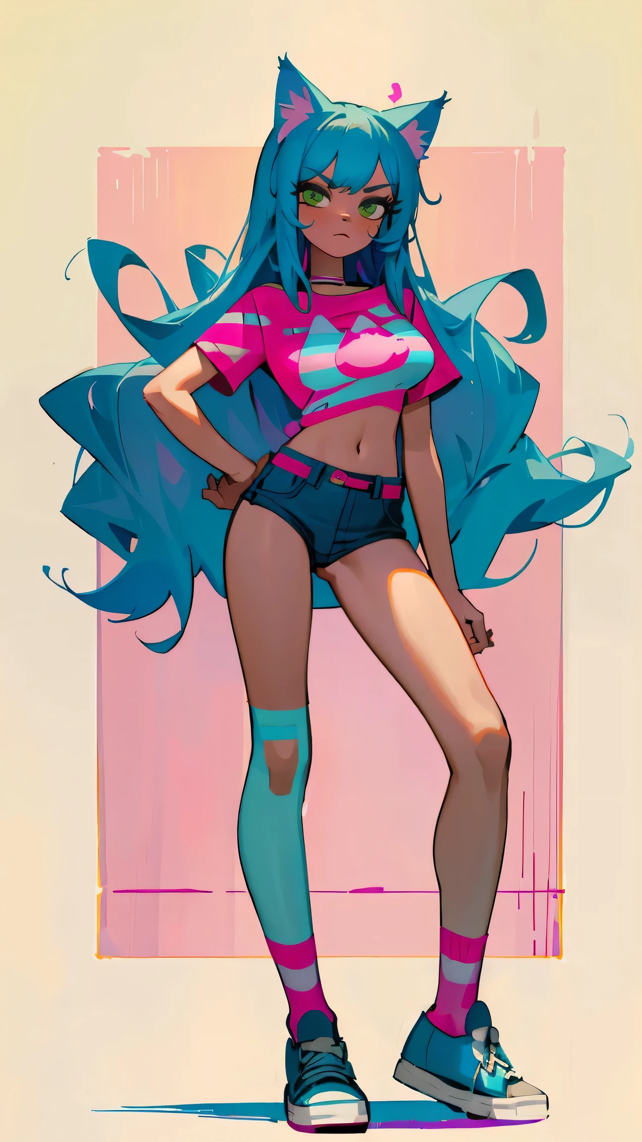 Masterpiece, best quality, high resolution, 1 woman, Long blue hair with pink stripes, smooth, green eyes, Bored face , cat ears , pink t-shirt , black bikini , abdomen, big breasts , Long legs , stand on your hips , canvas shoes , convenience store