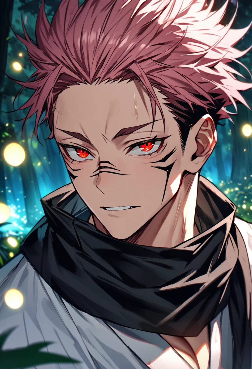 absurdres, highres, ultra detailed, HDR, masterpiece, extremely detailed face and eyes, Jujutsu Kaisen, Ryoumen Sukuna, pink hair, expressive red eyes, solo, sexy man, handsome, perfect face, beautiful eyes, black scarf, white kimono, magical forest, shining trees, shinning fireflies, moon, lilies