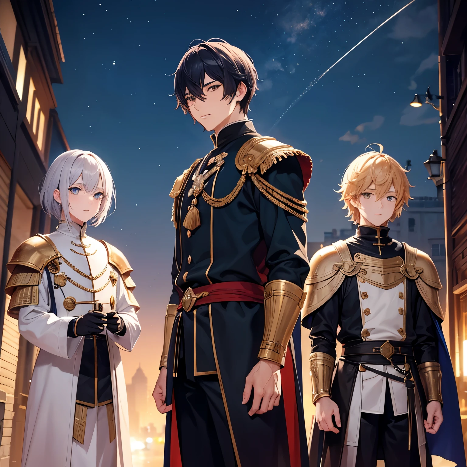 2 knights, men, 30 years old, different hairstyles, different hair colors, night, standing, ultra detail, ultra HD