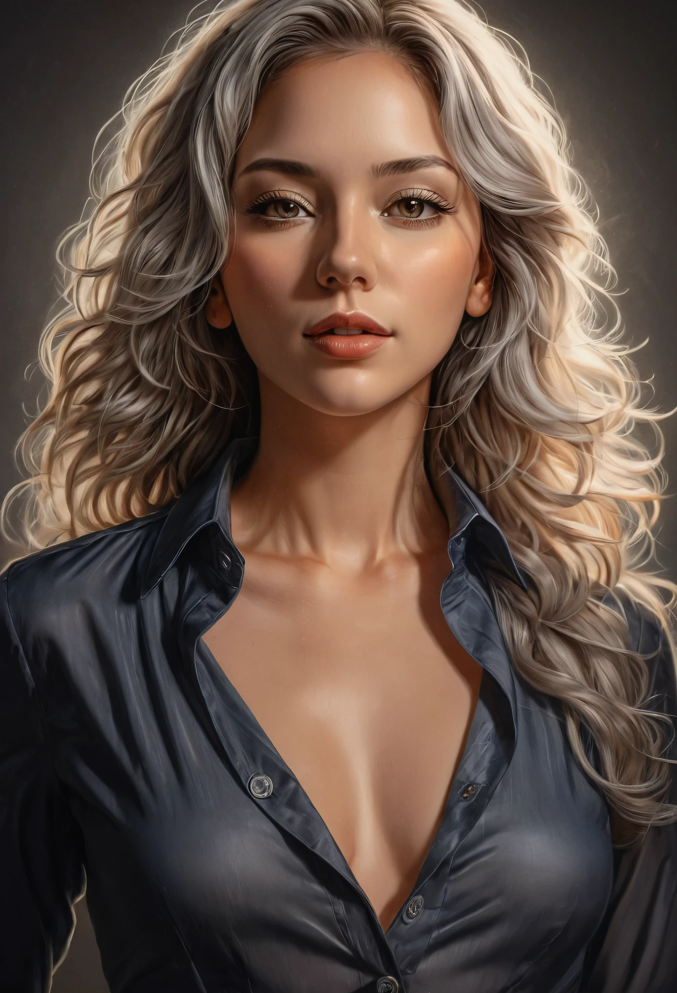 (best quality, masterpiece:1.2), Sketch full view of a hot looking 29 year old woman standing in front of us. She has clear eyes and long curly white hair. She has a nice curve physique. She is wearing a solid slim button long sleeve shirt dress. Shadow background. Sketch. Shading. Lighting.