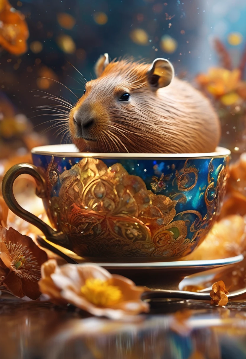 A Capybara, capybara, Capybara sleeping in teacup; cascading sugar;; blowing mist;; cinnamon cobalt and ivory, endless starscape, intricately detailed, fantasy, hyperdetailed, 8k resolution, masterpiece, stunning splash art Jordan Grimmer, Ross Tran,, and Vilijus Vaisvila, crescendo, Beautiful, complex, vibrant, brushstrokes, magical aura, perfect