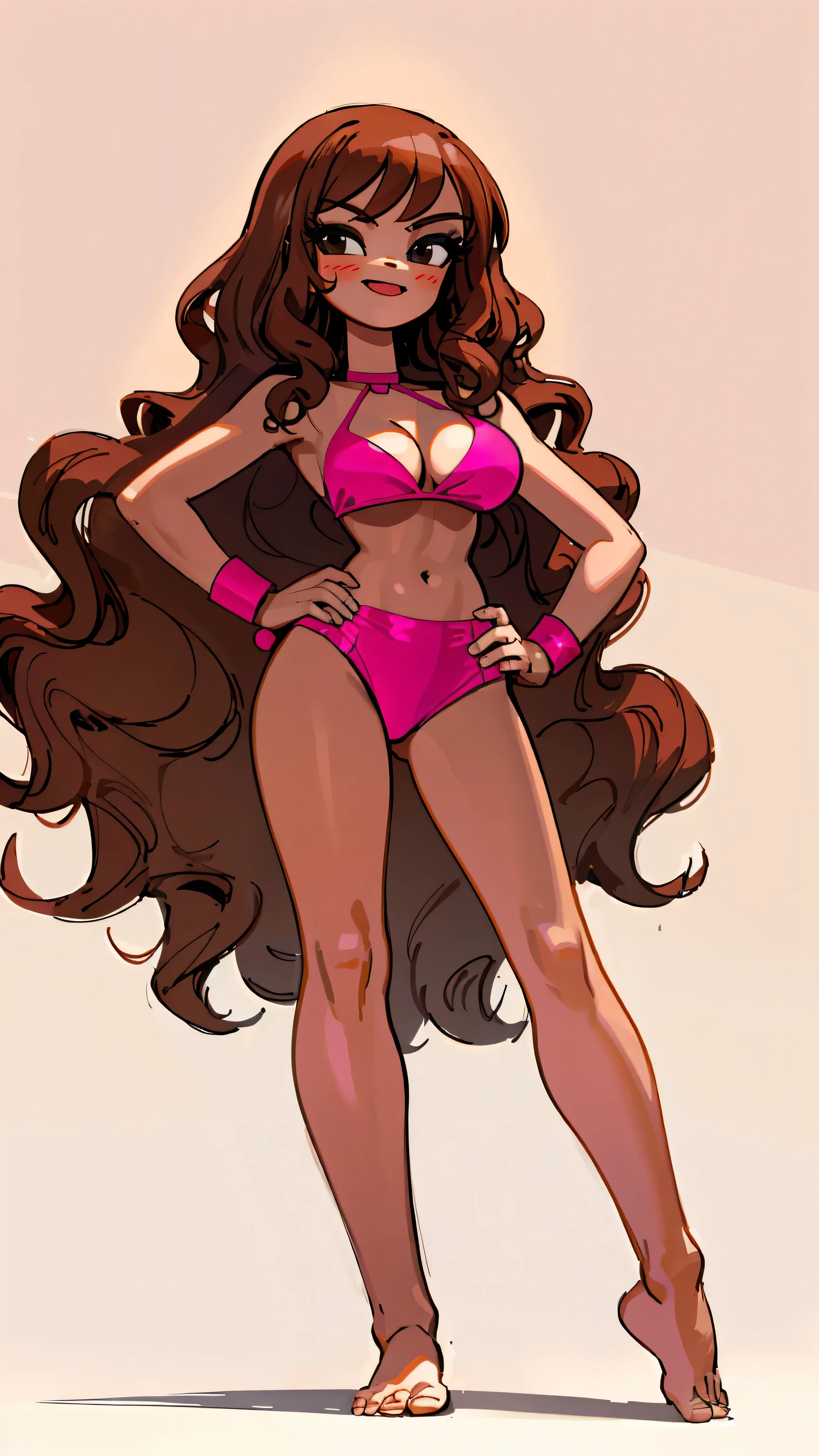 Masterpiece, best quality, Masterpiece, best quality, 1 woman, wavy brown hair, smile , sly face , pink bikini , abdomen, big breasts , Long legs , Barefoot , hands on hips , Blank background