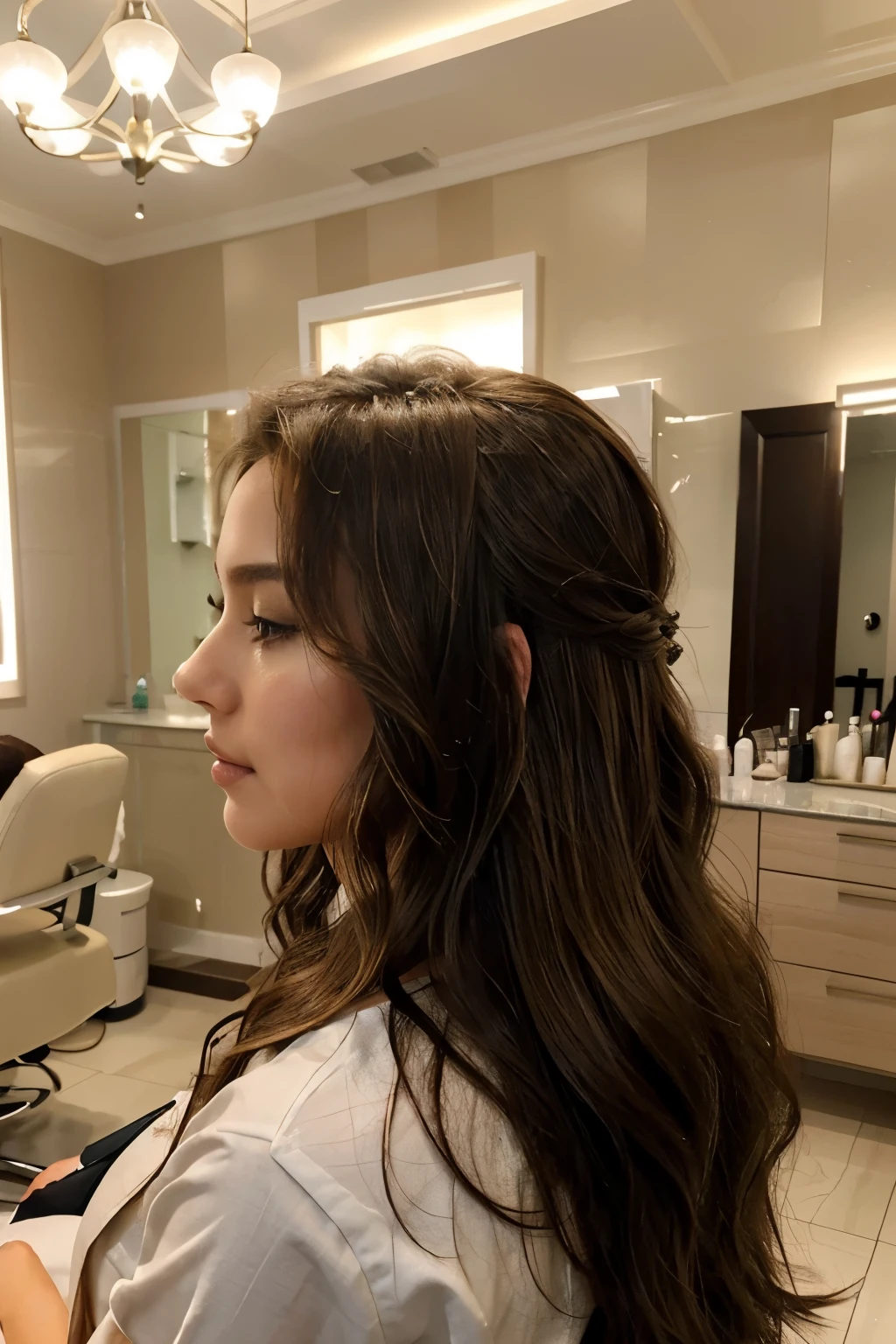 "Esthetician Elegance: Serenity in the Beauty Salon" Description: Witness the visual allure of a 30-year-old beautician, epitomizing sophistication and professionalism in her tranquil beauty salon. Imagine a woman with a slightly rounded figure, an oval face, and a small forehead. Her light olive complexion is accentuated by the warm glow of the room, while her wavy brown hair cascades down her back in soft, highlighted waves, adding a polished touch to her appearance. sitting in her elegant beauty salon, surrounded by a calming environment and visually equipped with a waxing table