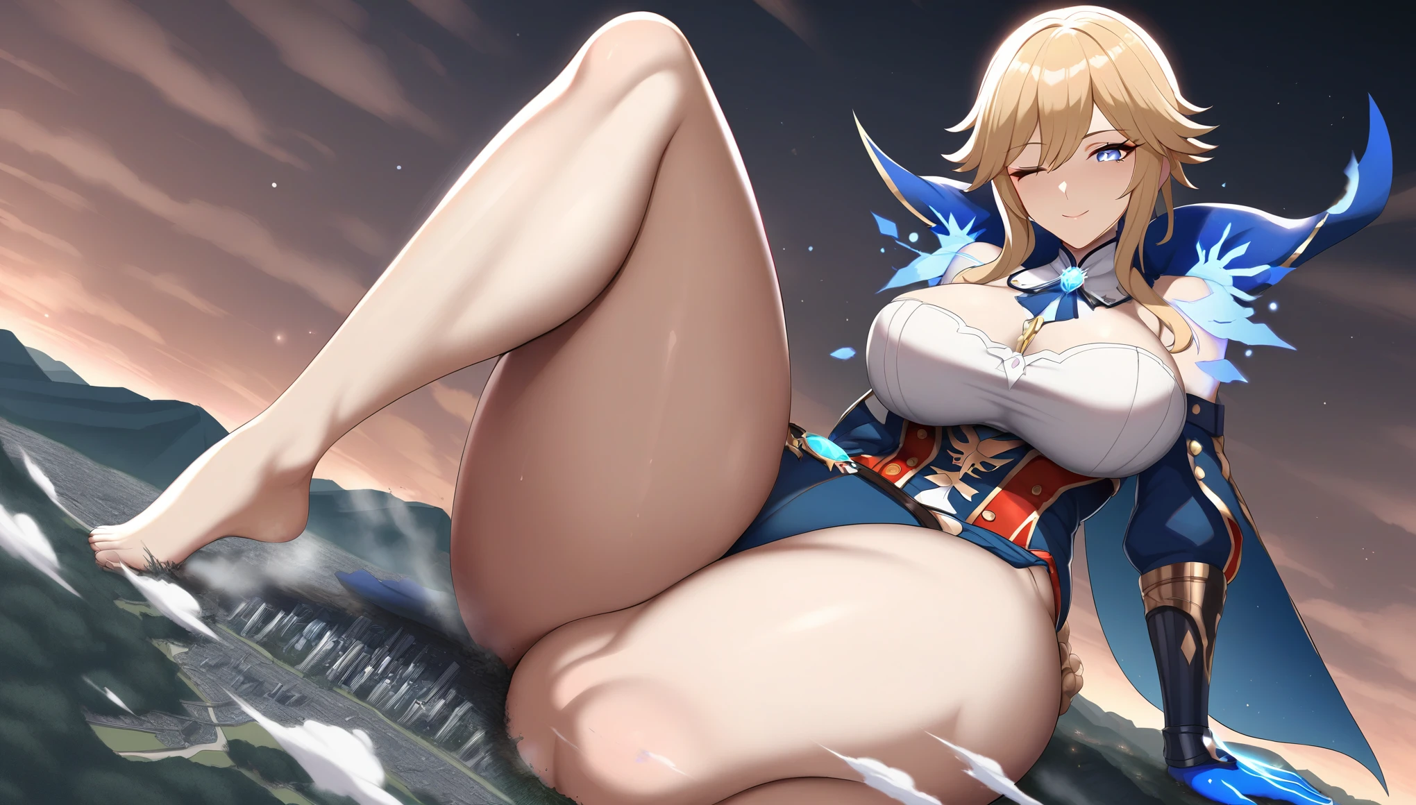 a girl using blue magic,jean genshin impact,(jk huge tits),milf,mature female,curvy body,good detail,one eye closed,giga size,taller then a mountain,looming over a city,destruction,magic,mystical,beautiful,seductive smile,temptation,shining eyes,full body,destroyed cities,sitting down,detailed face,temptation,lust