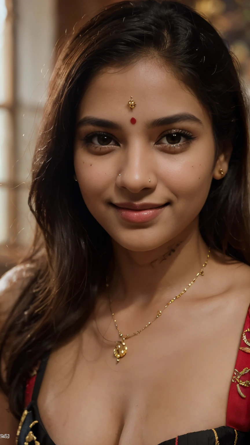 A beautiful Indian girl cute smile (best quality,4k,8k,highres,masterpiece:1.2),ultra-detailed,(realistic,photorealistic,photo-realistic:1.37),portrait,Indian girl,cute smile,seducing look,detailed eyes and face,long dark hair,traditional attire,ornate jewelry,decorative henna tattoo,vibrant colors,soft lighting,bokeh