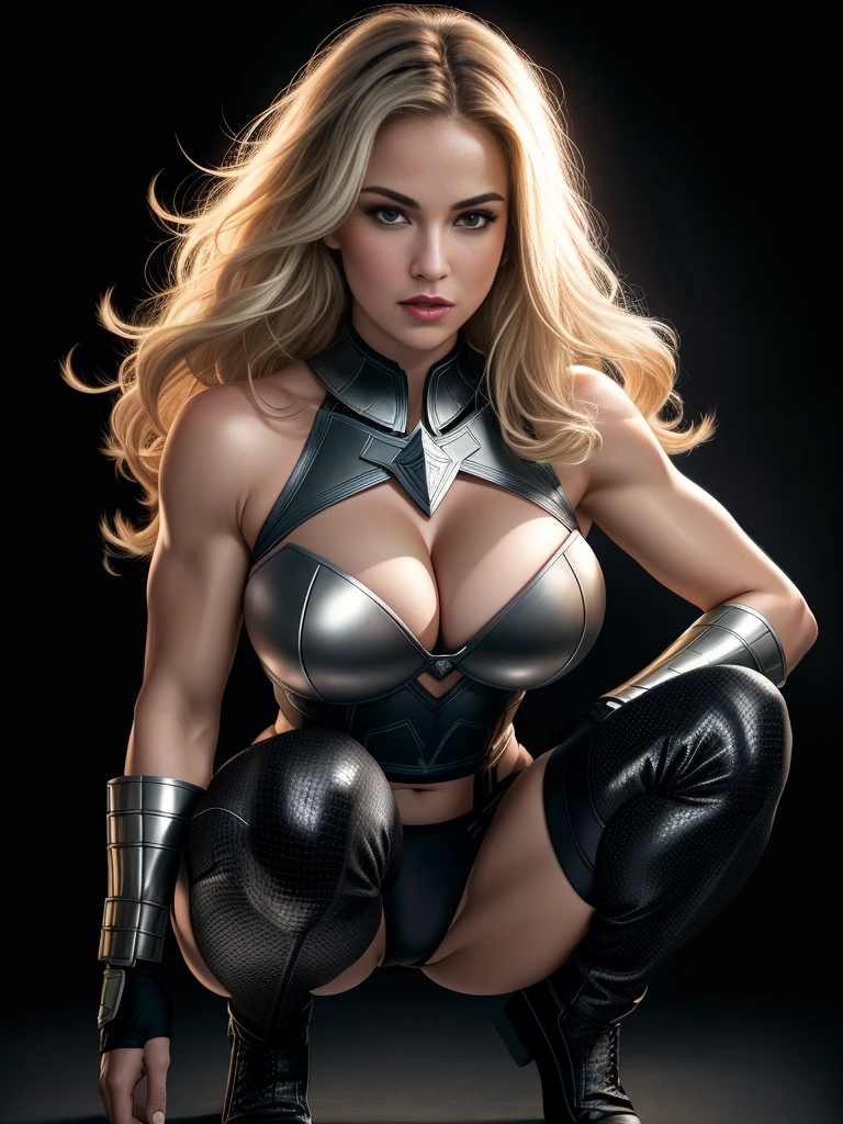 BOMBSHELL VALKYRIE, MATURE WOMAN, 30 YEARS OLD, ATHLETIC BODY, MUSCLES, BLONDE HAIR, GRAY EYES, ROSY CHEEKS, ANGRY FACE EXPRESSION, BLACK PANTIES UNDER ARMOUR, FULL BODY SILVER ARMOUR, SHINING ARMOUR, MITHOLOGY, random hair, looking at camera, gigantic breasts, cleavage, (high detailed skin:1.2), 8k uhd, dslr, super lighting, high quality, film grain, high res, highly detailed, hyper realistic, beautiful face, beautiful body, beautiful eyes nose lips, alluring expression, very bold, upper visible, full body photo, squatting, pale translucent glowing skin, most beautiful face, cute, (well defined pubic hair:1.2)), (dark plain black background:1.4))