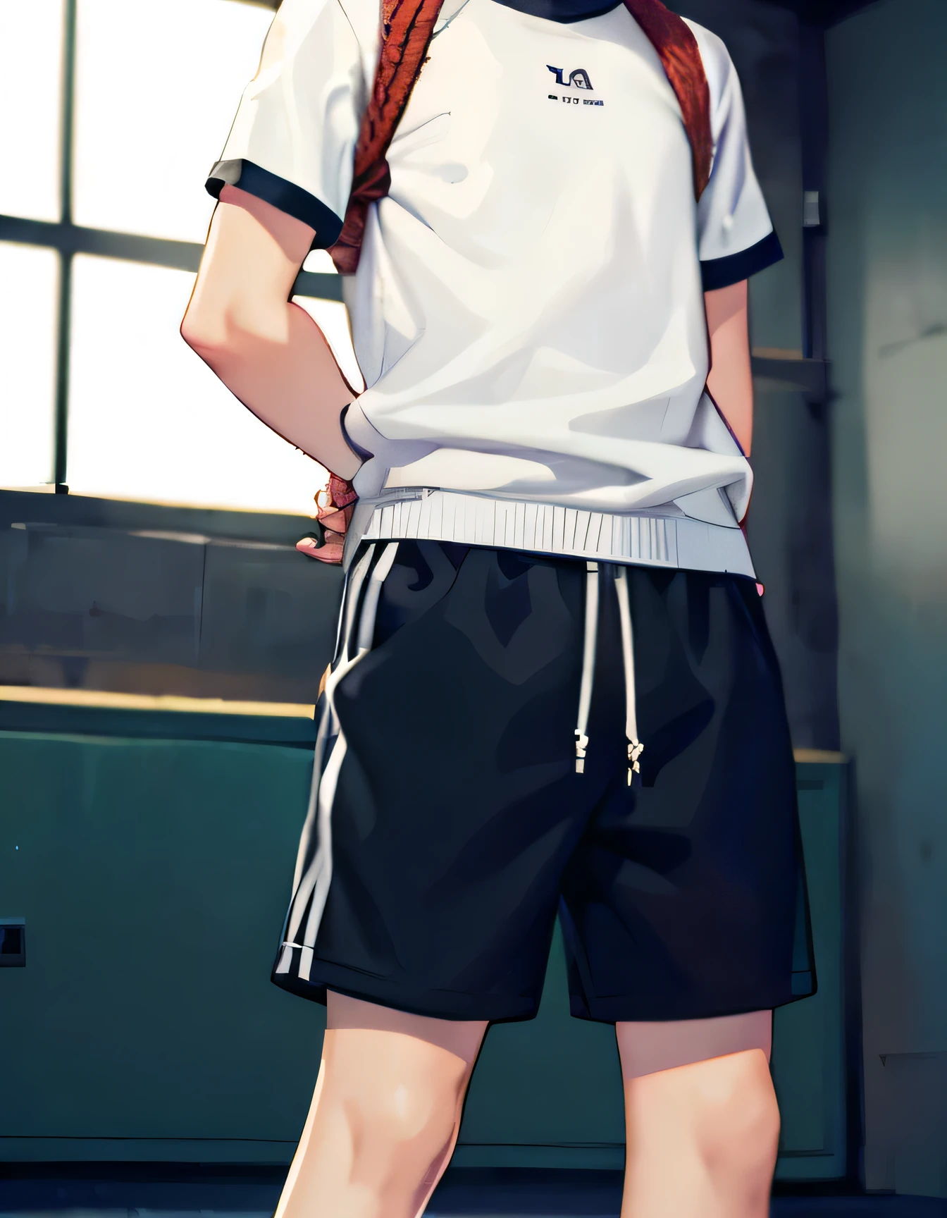 Boy in gym clothes, shorts, short hair, hands tied behind back with rope, left unattended