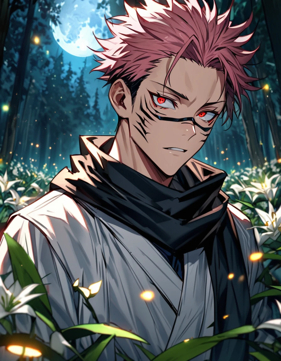 absurdres, highres, ultra detailed, HDR, masterpiece, extremely detailed face and eyes, Jujutsu Kaisen, Ryoumen Sukuna, pink hair, expressive red eyes, solo, sexy man, handsome, perfect face, beautiful eyes, black scarf, white kimono, magical forest, shining trees, shinning fireflies, moon, lilies