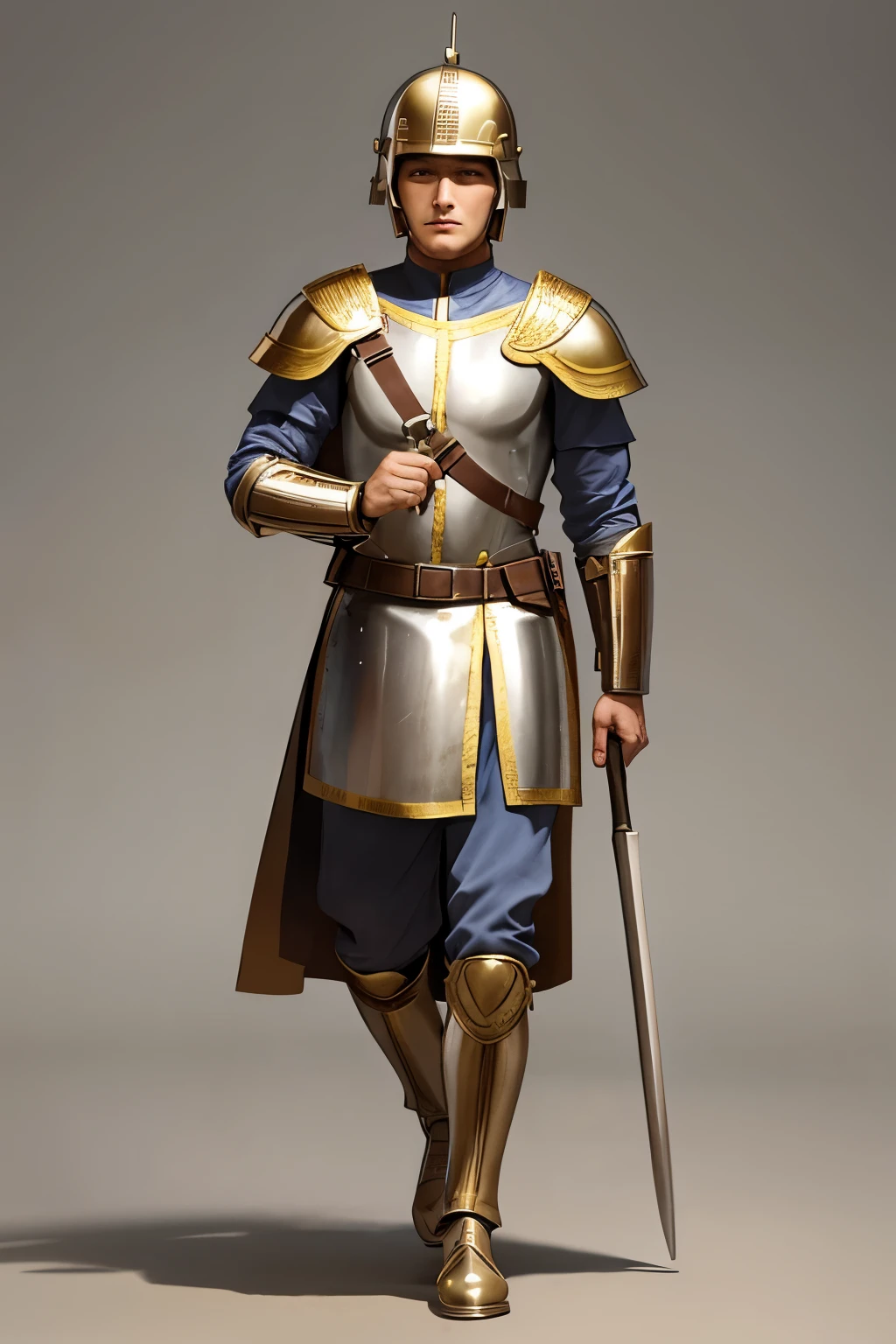 roman soldier with helmet walking and thinking