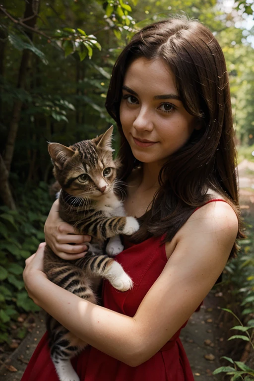 Girl in a red dress with a kitten. Nature background