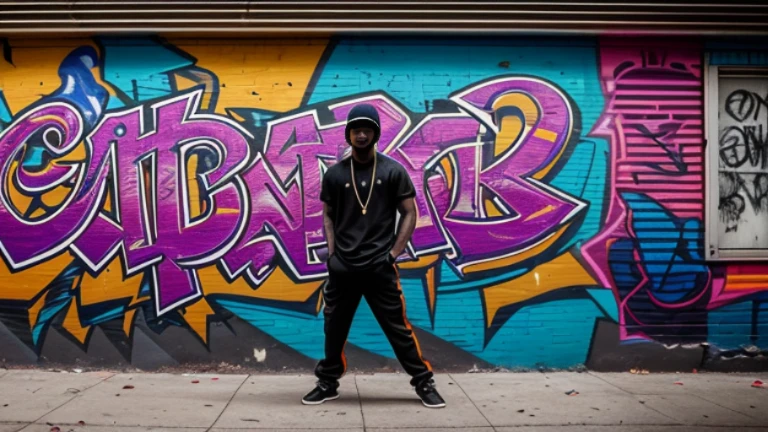 (One man),((Street Dancer)),south bronx hiphop, hip hop, wrap ,Graffiti art, against the backdrop of the city, Intricate details, Super detailed , Cinema Soft Light, Exposure Blending, High Dynamic Range, front