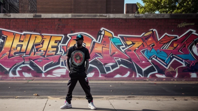 (One man),((Street Dancer)),south bronx hiphop, hip hop, wrap ,Graffiti art, against the backdrop of the city, Intricate details, Super detailed , Cinema Soft Light, Exposure Blending, High Dynamic Range, front