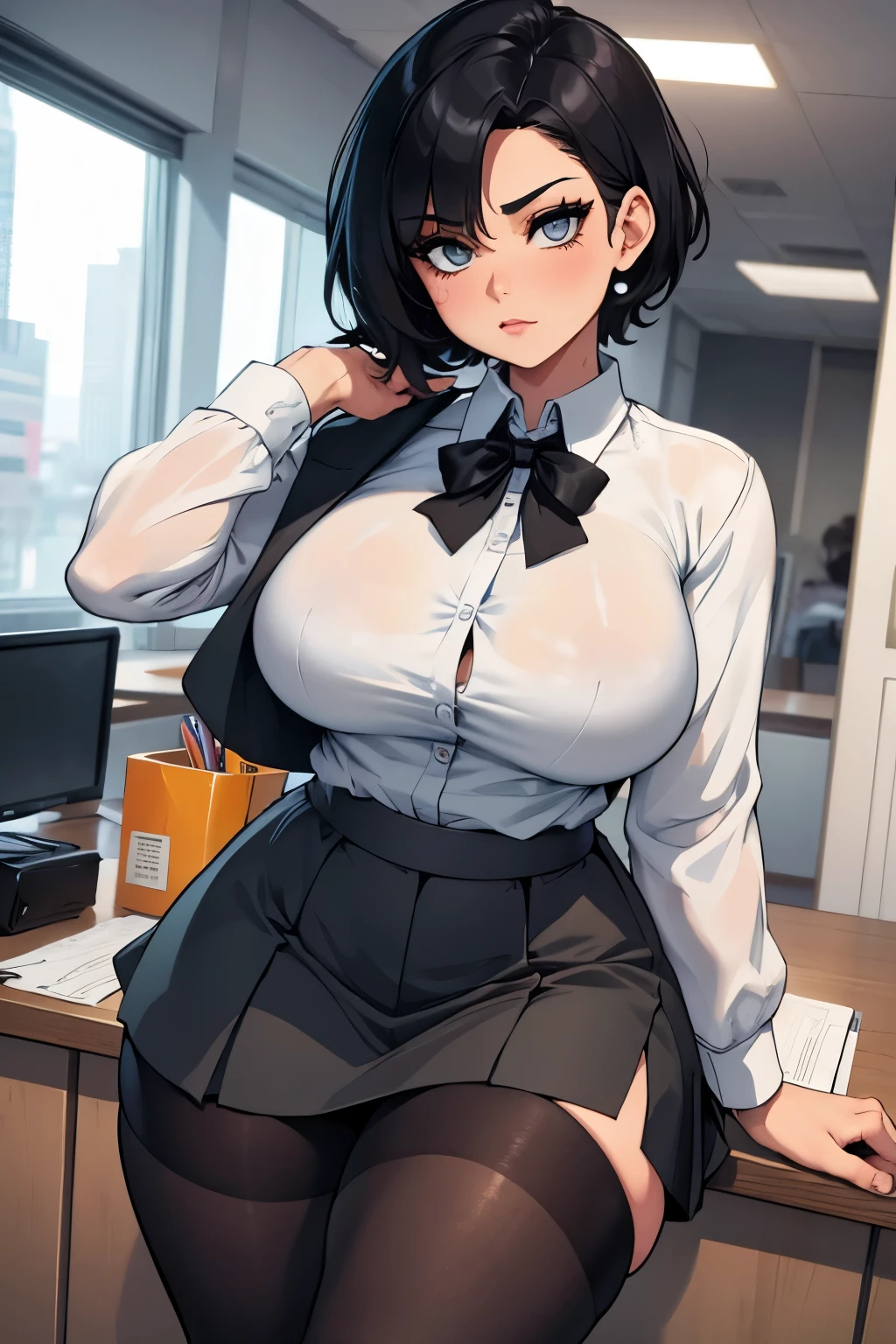 (masterpiece, best quality, perfect anatomy, nice hands:1.2, 1girl:1.2, solo:1.3, illustration:1.2), official art, unity 8k wallpaper, ultra detailed, beautiful and aesthetic, realistic, medium hair, bob cut, braid, mole under eye, (school uniform:1.2), (kneehighs:1.1), classroom, from below, leaning back, flying button, huge breasts, sidelighting, blue sky, grabbing another's ass, 2boys, from side,