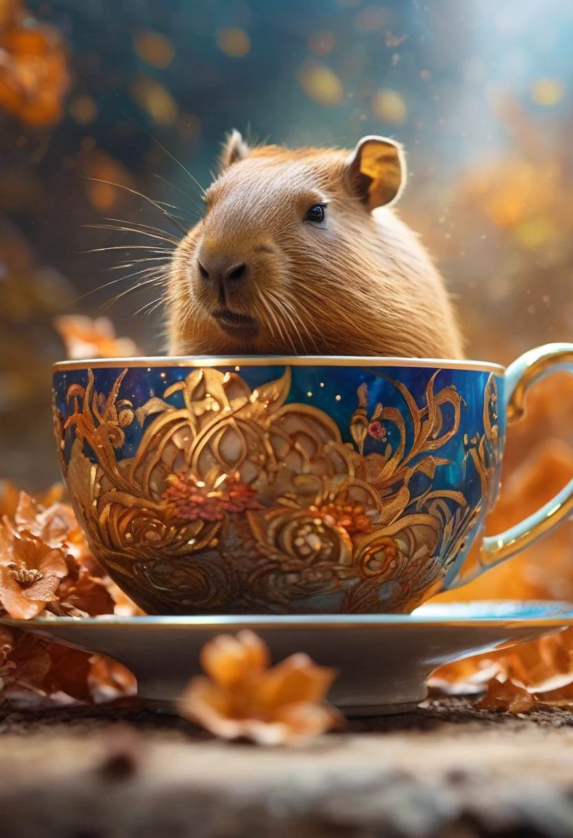 A Capybara, capybara, Capybara sleeping in teacup; cascading sugar;; blowing mist;; cinnamon cobalt and ivory, endless starscape, intricately detailed, fantasy, hyperdetailed, 8k resolution, masterpiece, stunning splash art Jordan Grimmer, Ross Tran,, and Vilijus Vaisvila, crescendo, Beautiful, complex, vibrant, brushstrokes, magical aura, perfect