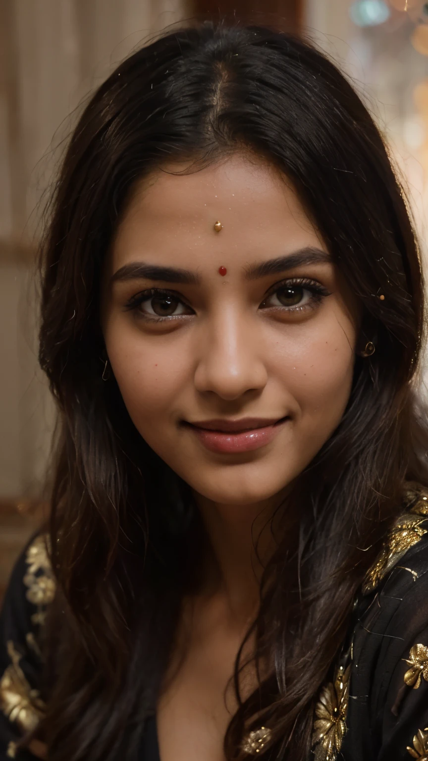 A beautiful Indian girl cute smile (best quality,4k,8k,highres,masterpiece:1.2),ultra-detailed,(realistic,photorealistic,photo-realistic:1.37),portrait,Indian girl,cute smile,seducing look,detailed eyes and face,long dark hair,traditional attire,ornate jewelry,decorative henna tattoo,vibrant colors,soft lighting,bokeh black