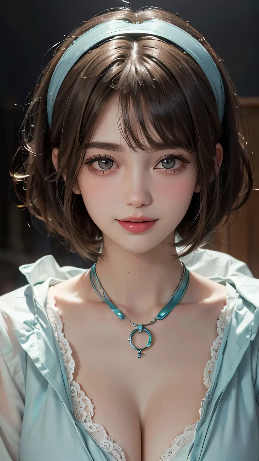 (UHD, retina, masterpiece, accurate, anatomically_correct, textured_skin, super_detail, high_details, high_quality, best_quality, high_res, 1080P, HD, 4K, 8k, 16k), (beautiful_detailed_eyes, beautiful_detailed_lips, extremely_detailed_eyes_and_face), (soft_lighting:1.5), physically-based_rendering, vivid_colors, (large_breasts:1.5), (shiny_hair, shiny_skin, tanned_skin, blush), (bangs:1.5), eye_reflection, (bokeh), (smile_and_laugh, bob_cut, hairband, nsfw, reveal bare breasts