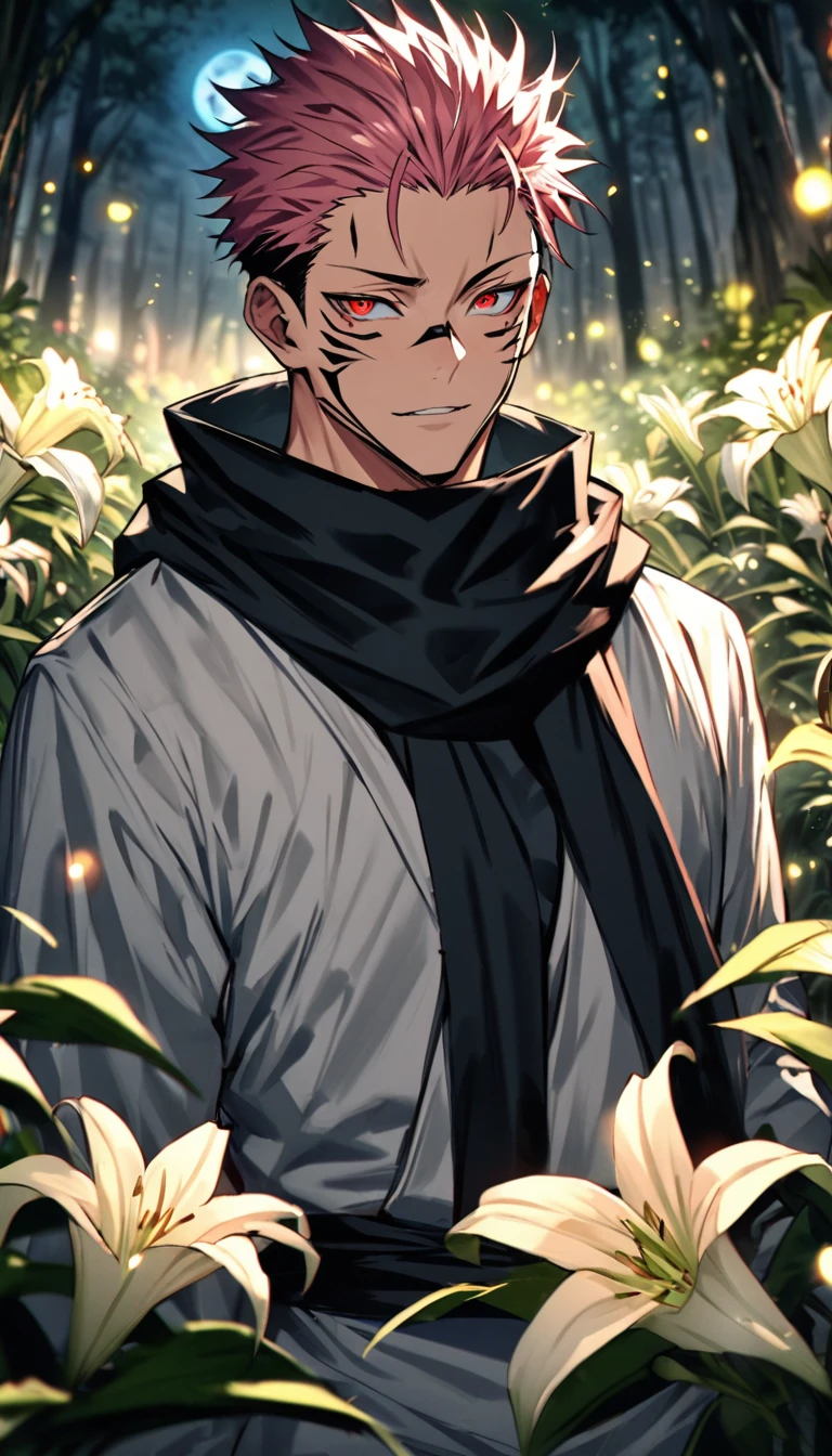 absurdres, highres, ultra detailed, HDR, masterpiece, extremely detailed face and eyes, Jujutsu Kaisen, Ryoumen Sukuna, pink hair, expressive red eyes, solo, sexy man, handsome, perfect face, beautiful eyes, black scarf, white kimono, magical forest, shining trees, shinning fireflies, moon, lilies