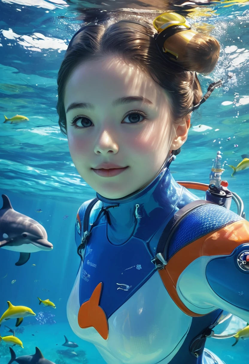 a Diving suit girl underwater face to face with a cute dolphin, (masterpiece, best quality, Professional, perfect composition, very aesthetic, absurdres, ultra-detailed, intricate details:1.3)